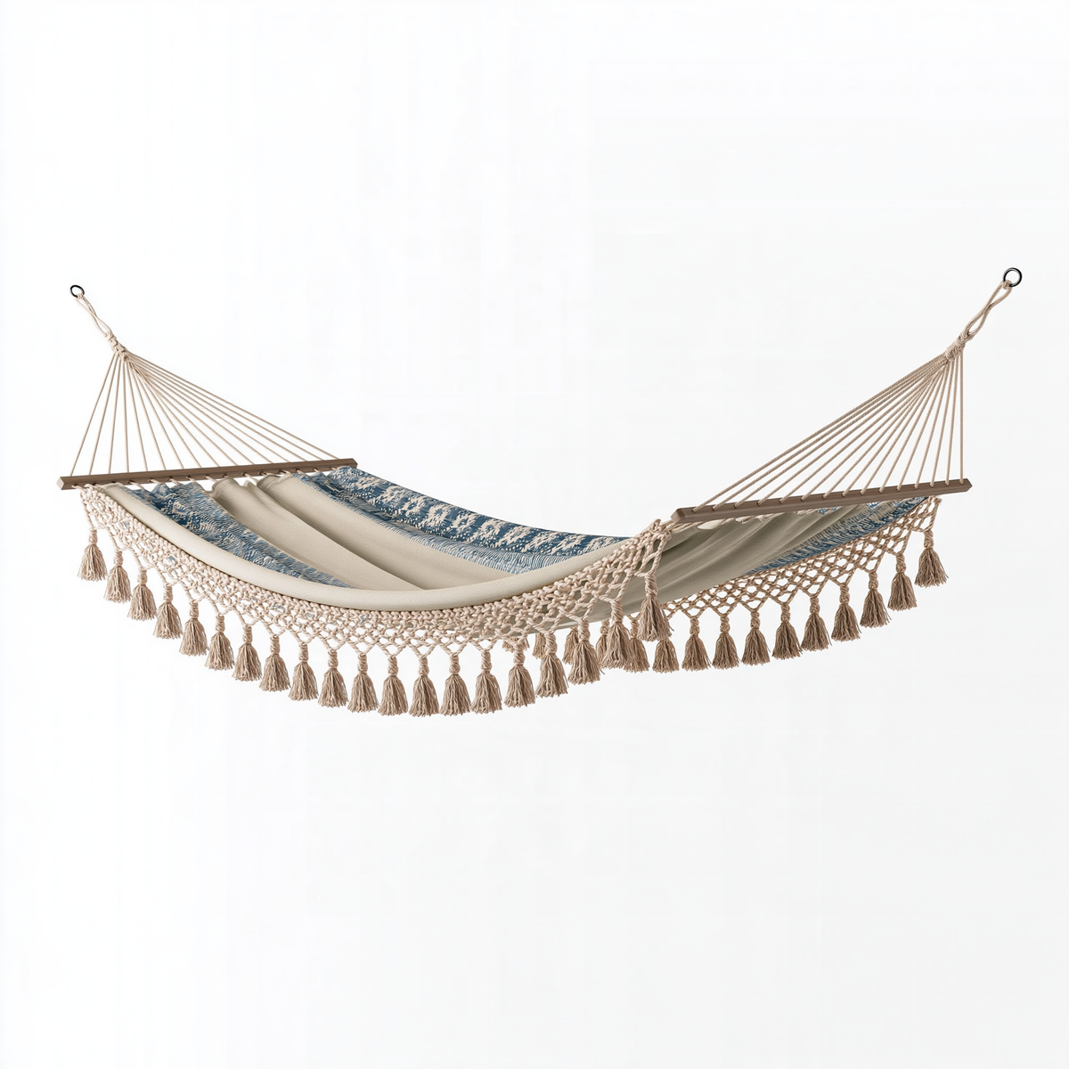 Amaca 300 x 100 cm in tessuto beige e blu con barre in legno - sospesa stile boho