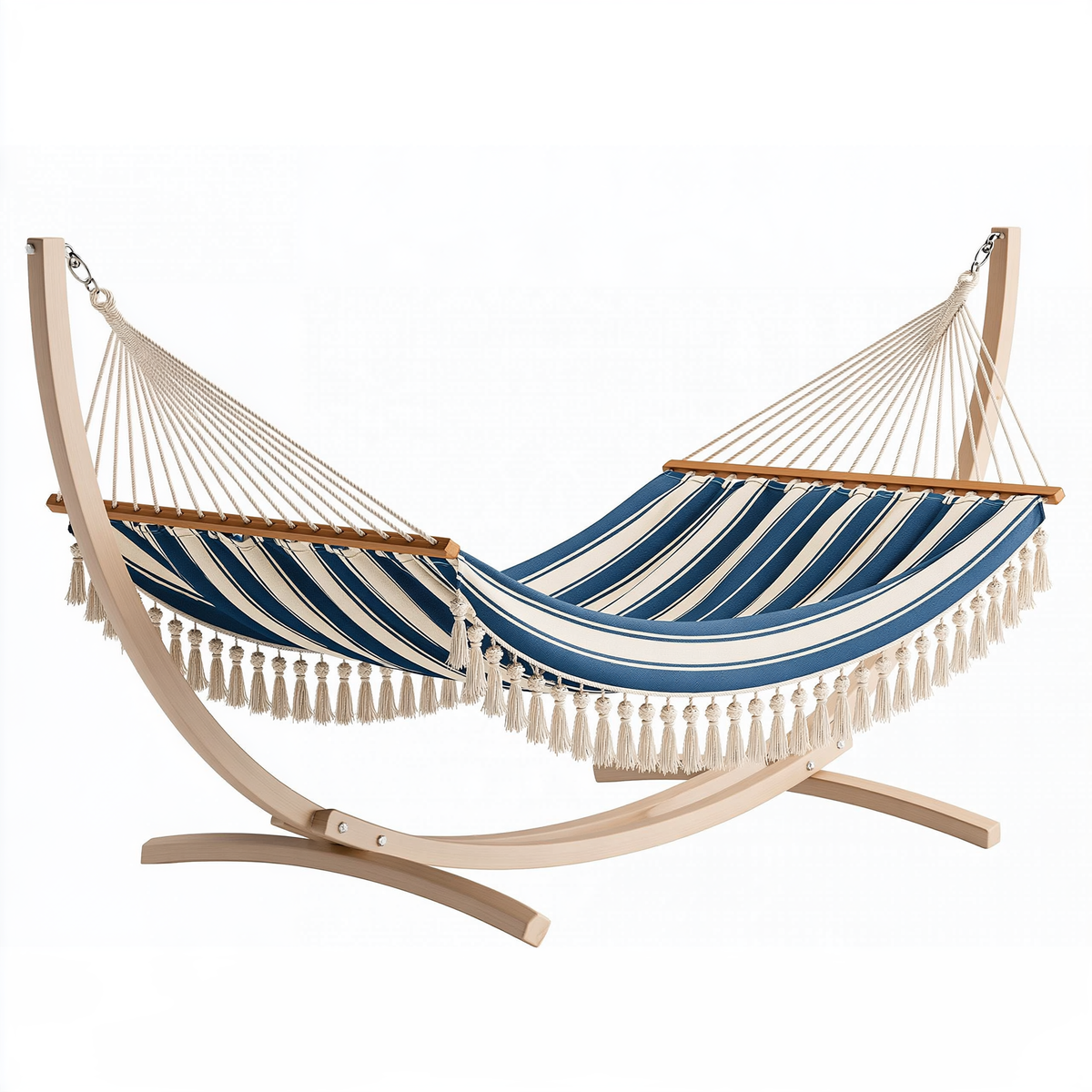 Amaca con supporto 300 x 110 x 120 cm in legno e tessuto blu/beige per giardino