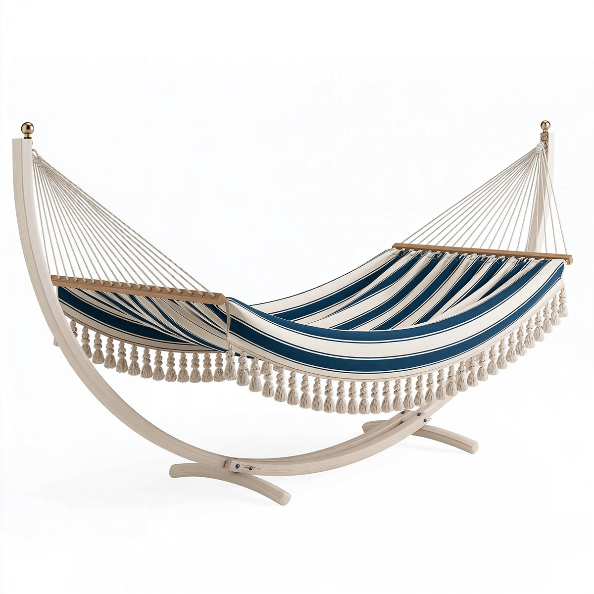 Amaca con supporto 320 x 120 x 110 cm in legno e tessuto blu/bianco per relax stile boho