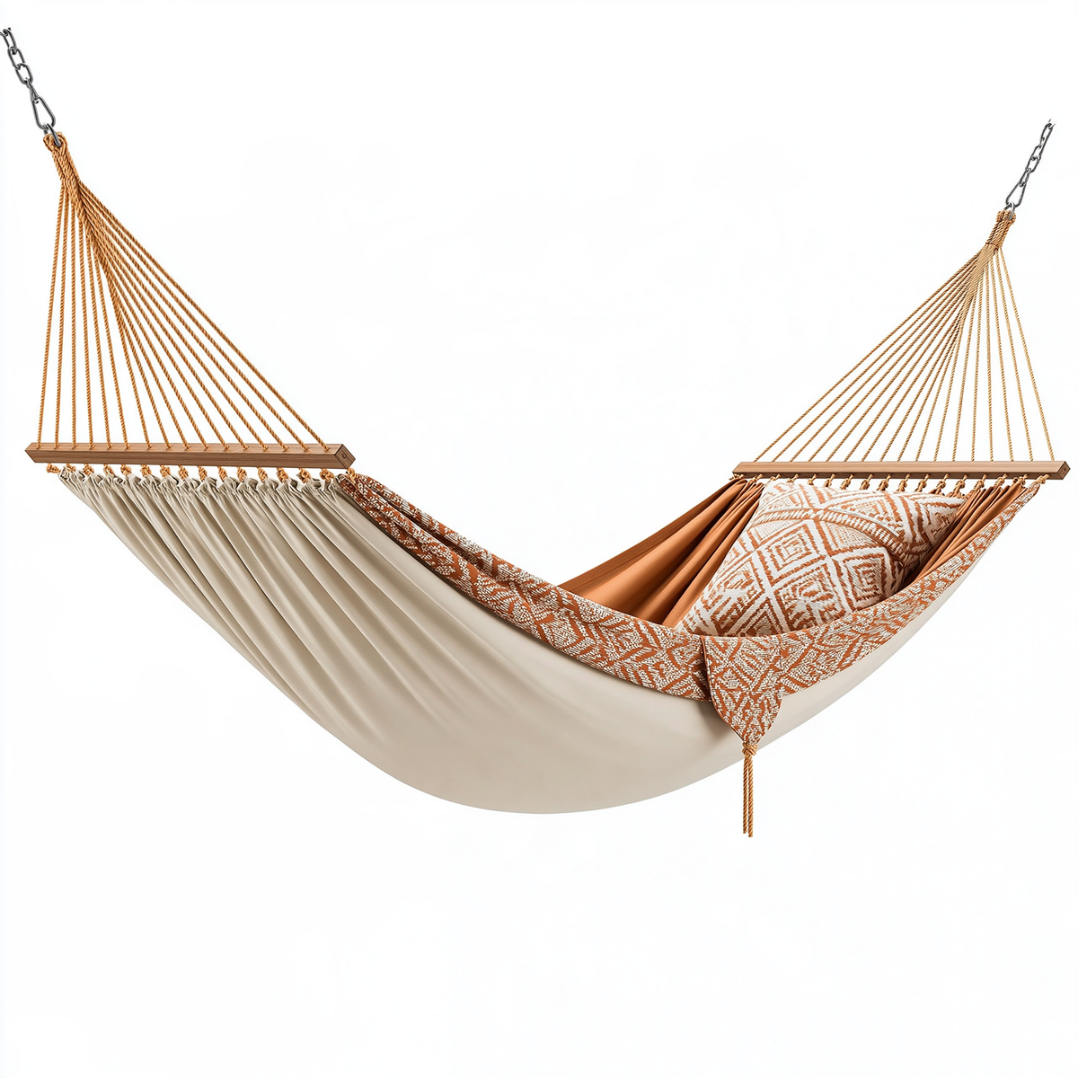 Amaca sospesa 200 x 140 cm in tessuto beige e marrone con barre in legno per giardino