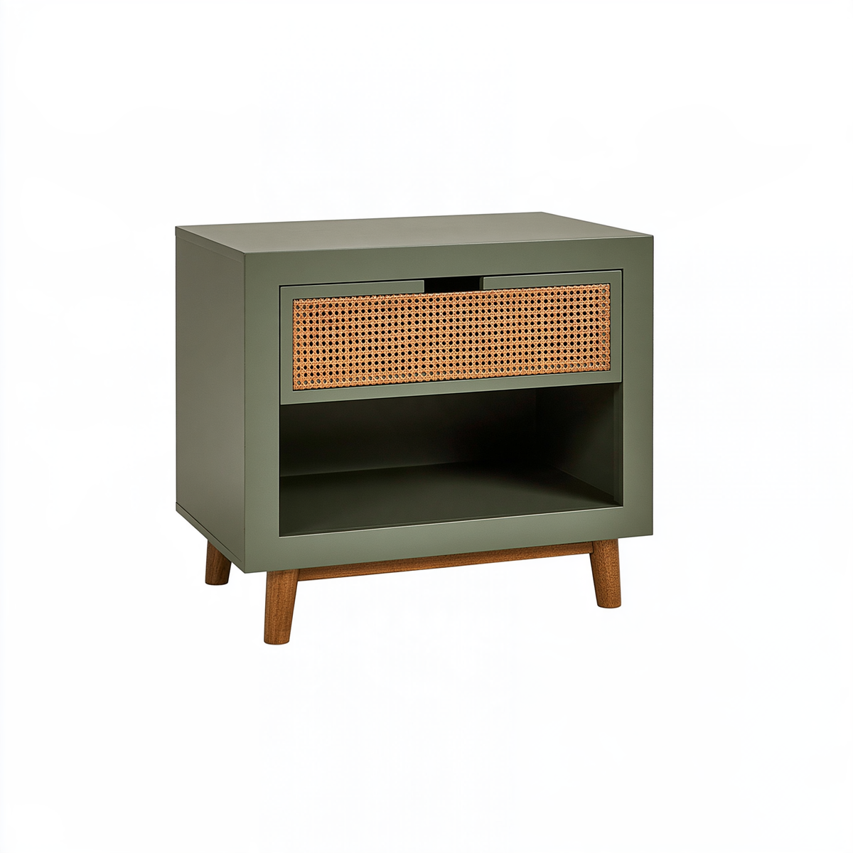 Comodino 45 x 40 x 55 cm in legno verde oliva con rattan - stile retrò con cassetto e vano aperto