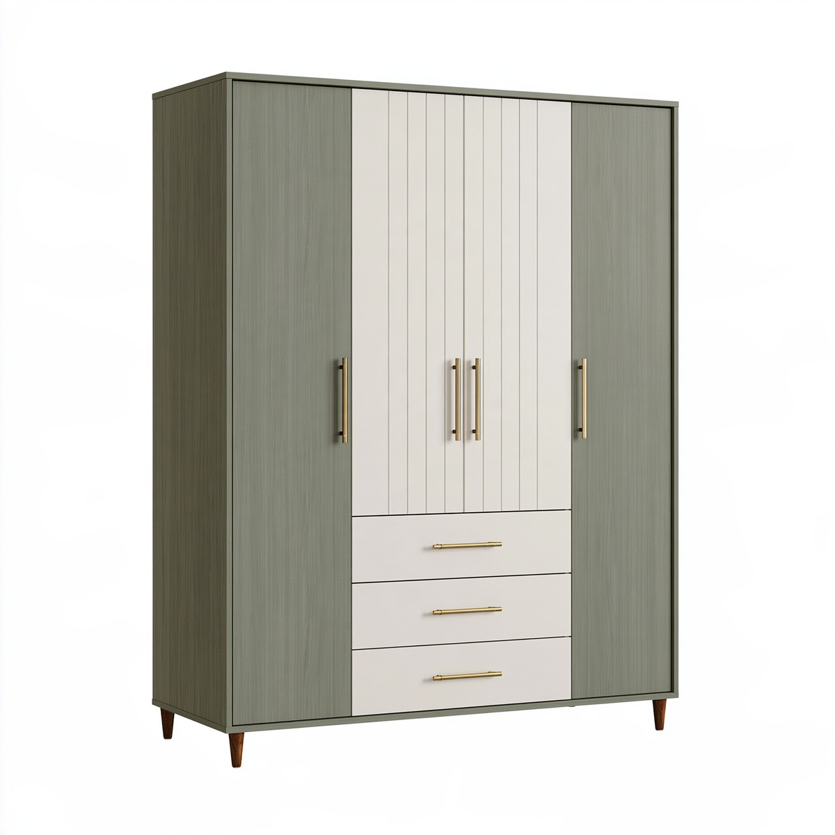 Armadio guardaroba 160 x 55 x 200 cm in legno verde salvia e bianco con 4 ante e 3 cassetti stile moderno