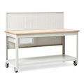 Banco da lavoro 160 x 60 x 155 cm in acciaio e legno bianco con pannello portautensili e ruote