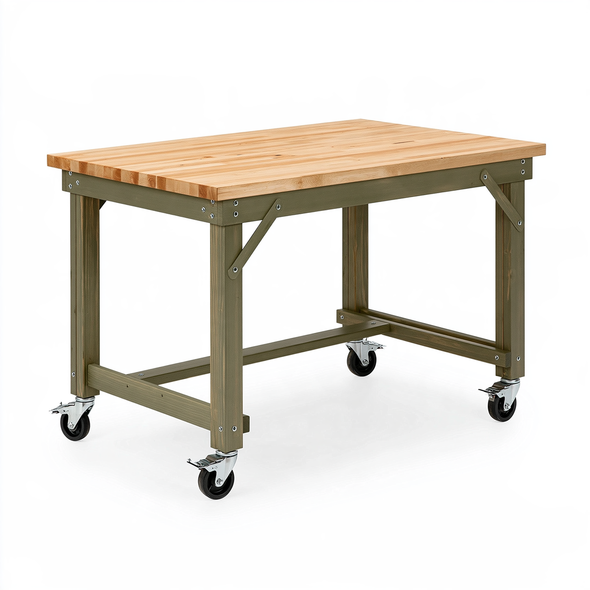 Banco da lavoro 122 x 61 x 86 cm in legno naturale e verde con ruote