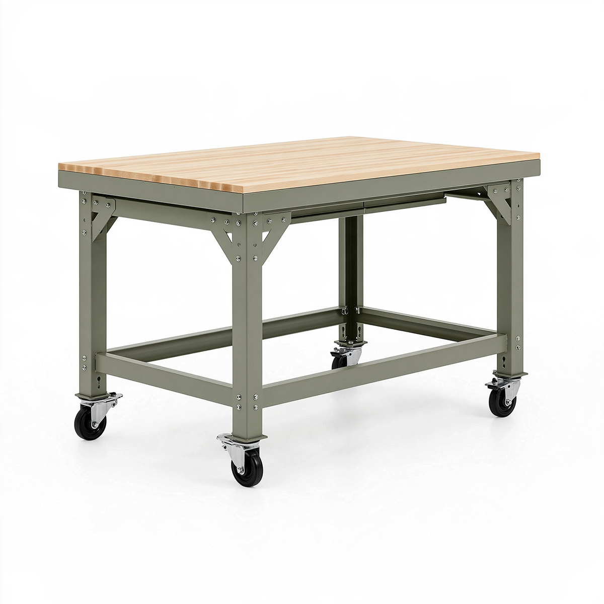Banco da lavoro 120 x 60 x 91 cm in legno e acciaio verde con ruote