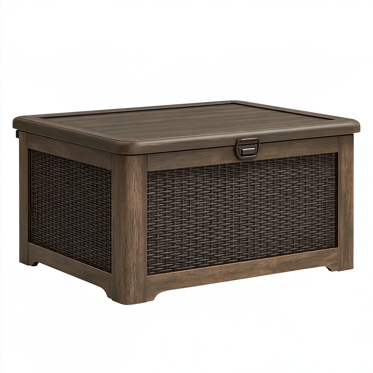 Baule contenitore da esterno 125 x 65 x 60 cm in resina marrone effetto legno con coperchio