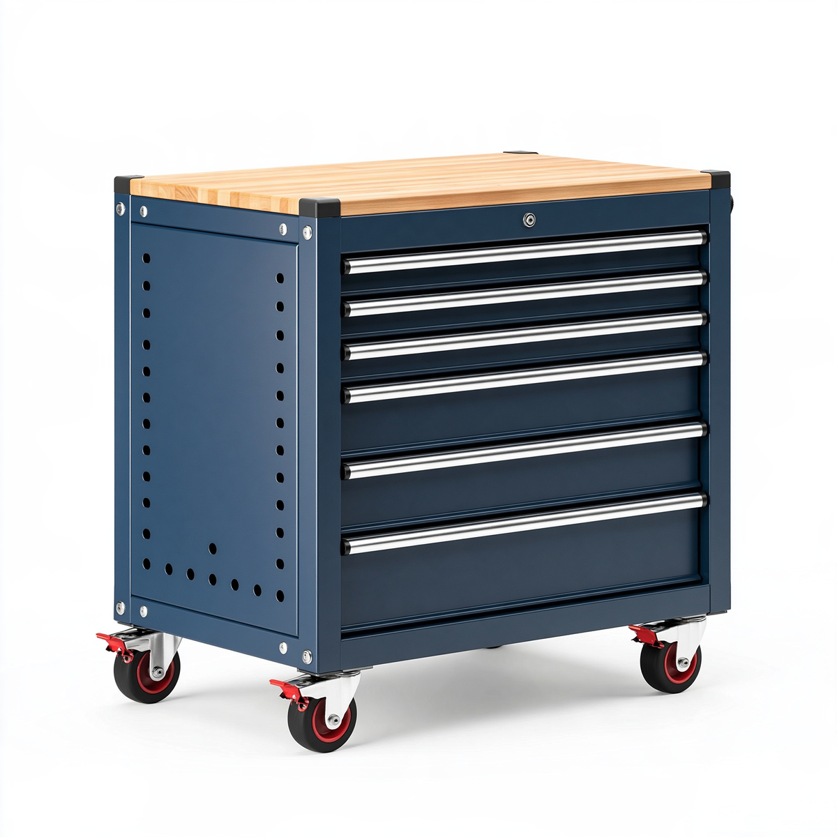 Cassettiera portautensili 75 x 46 x 95 cm in acciaio blu con piano in legno su ruote