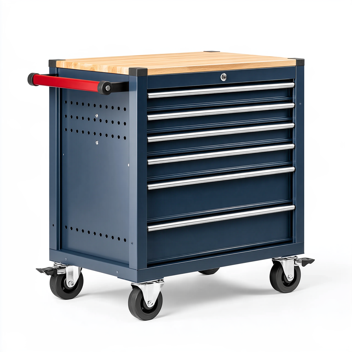 Carrello portautensili 77 x 46 x 97 cm in acciaio blu con piano in legno e 6 cassetti su ruote