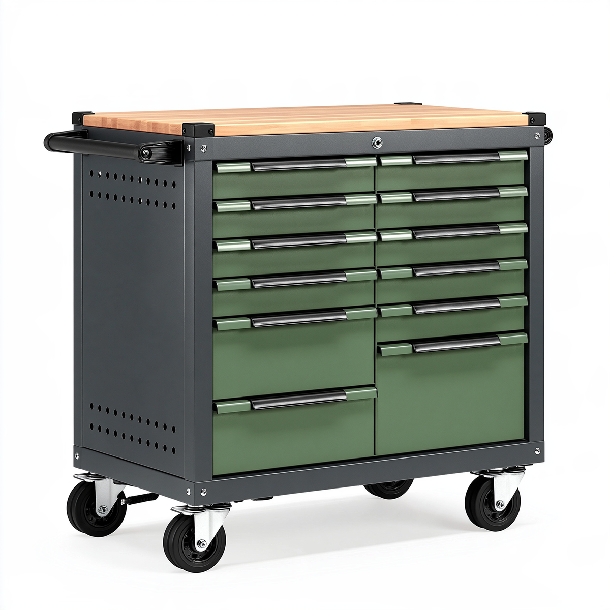 Carrello portautensili 100 x 50 x 95 cm in acciaio verde e nero con piano in legno e 12 cassetti