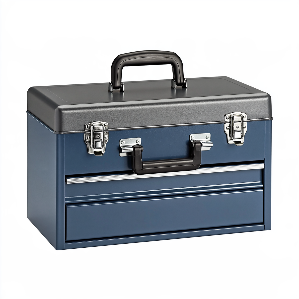 Cassetta portautensili 45 x 25 x 35 cm in metallo blu e nero con cassetto e chiusure