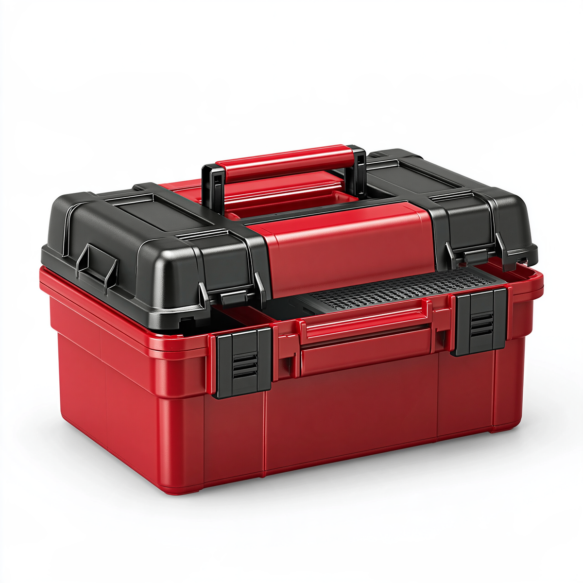 Cassetta portautensili 50 x 30 x 28 cm in plastica rosso nero con maniglia e vani superiori